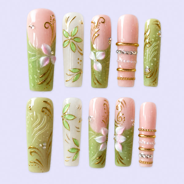 Sage Green Floral Pearl Press-On Nails – Handmade Botanical Set