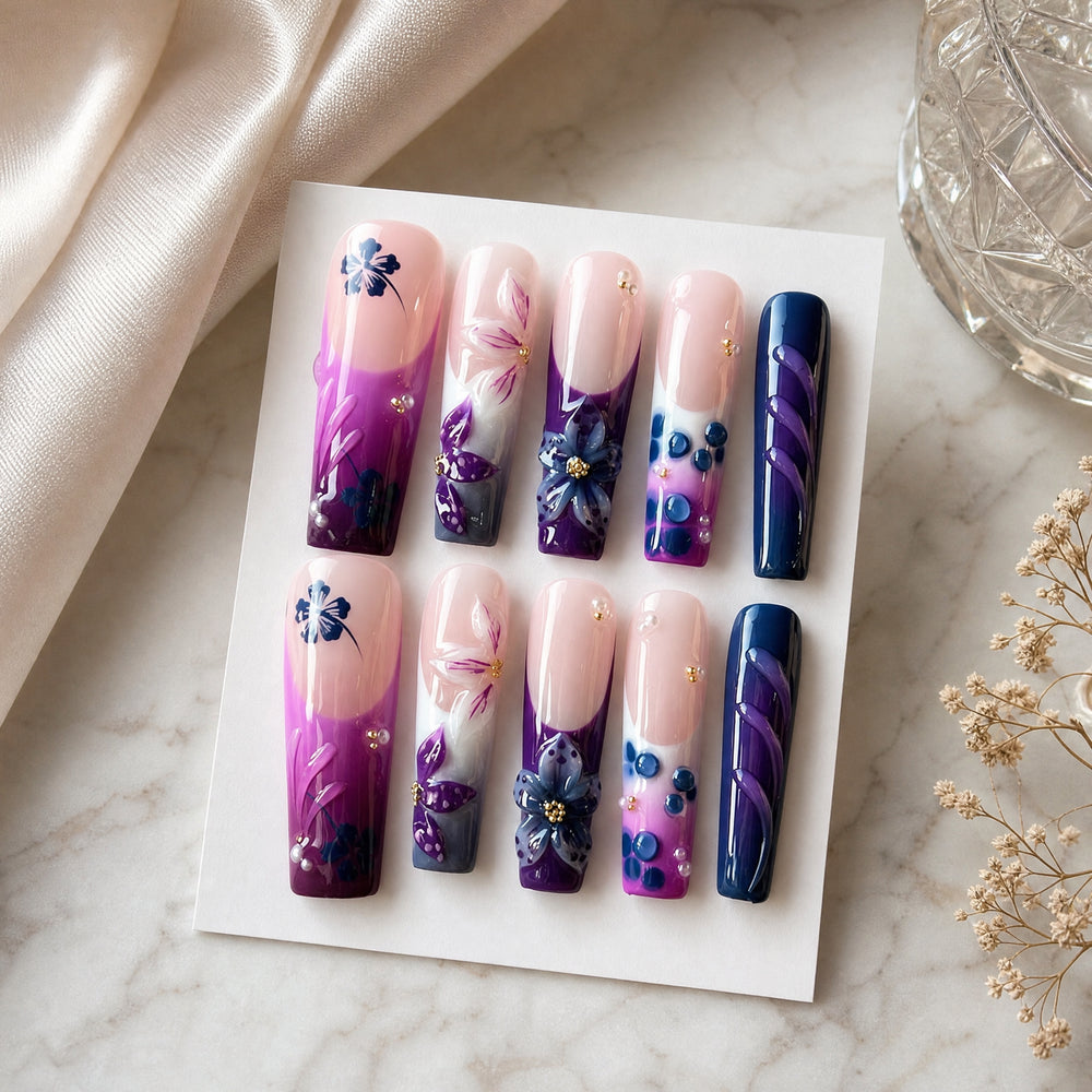 Violet Nocturne Purple Floral 3D Press-On Nails