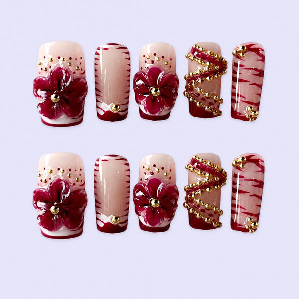 Red Plaid Floral Press-On Nails - Handcrafted 10-Piece Set