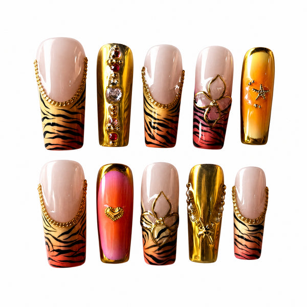 Amber Tiger Glow Orange Gold Animal Print Press-On Nails