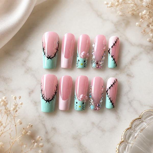 Mint Pearl French Press-On Nails – Green Beaded, Handmade 10pc Set