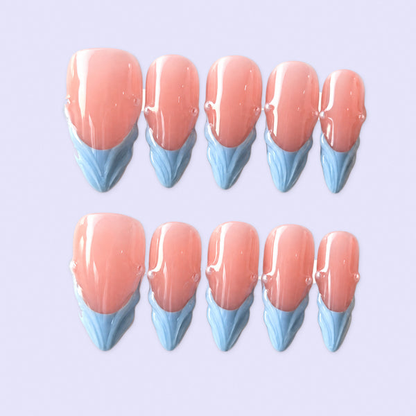 Sky Blue French Press-On Nails – Pink & White Handmade 10-Pc Set