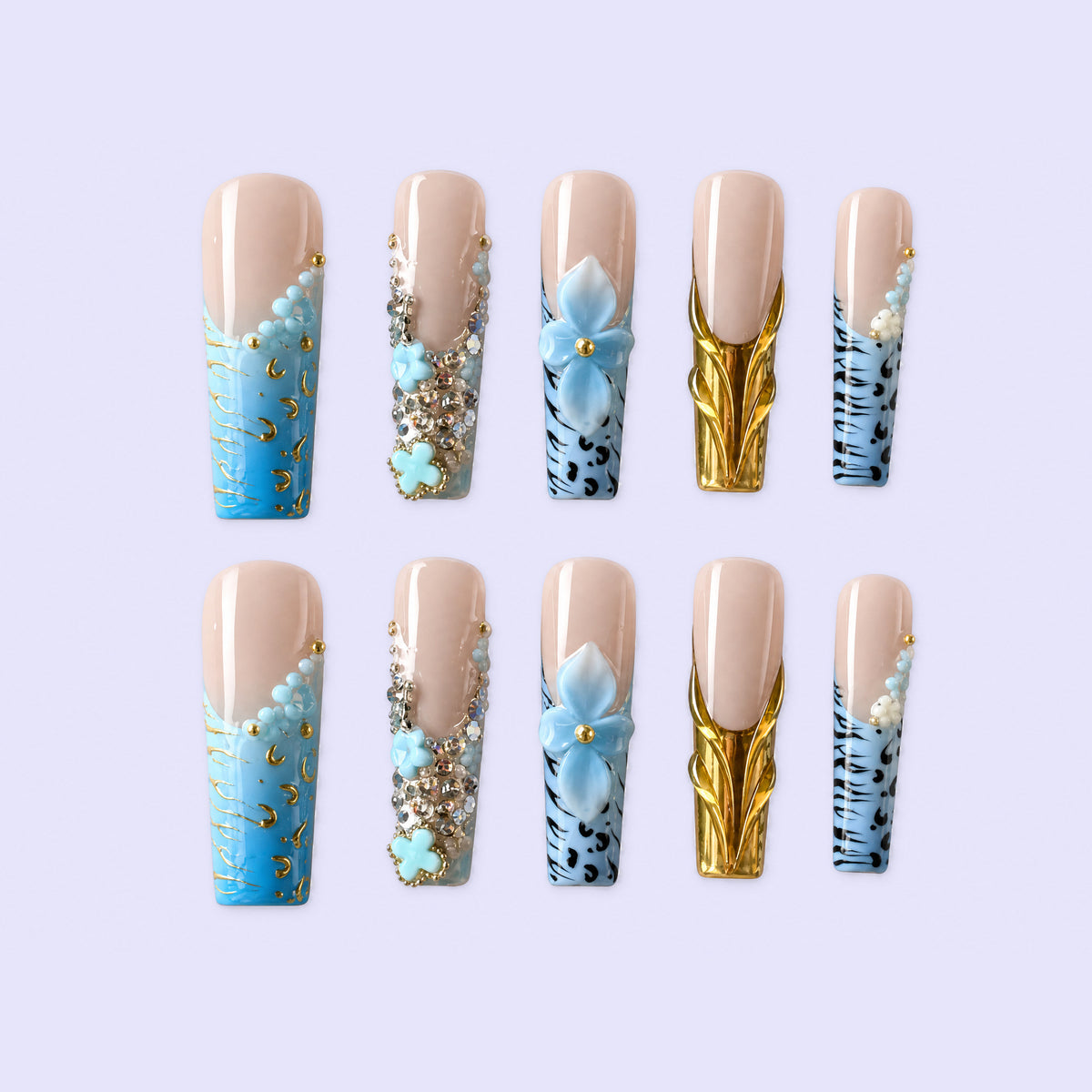 Aqua Gilded Lace Blue Gold Floral Press-On Nails – 10 Pc Set