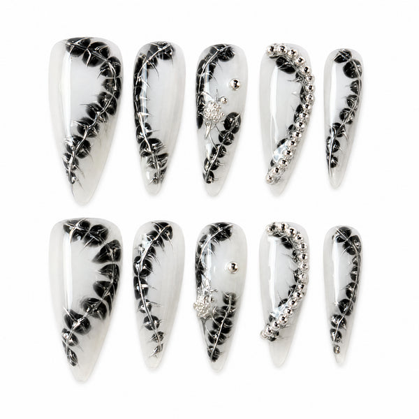 Silver Thorn Noir Black Crystal Vine Press-On Nails