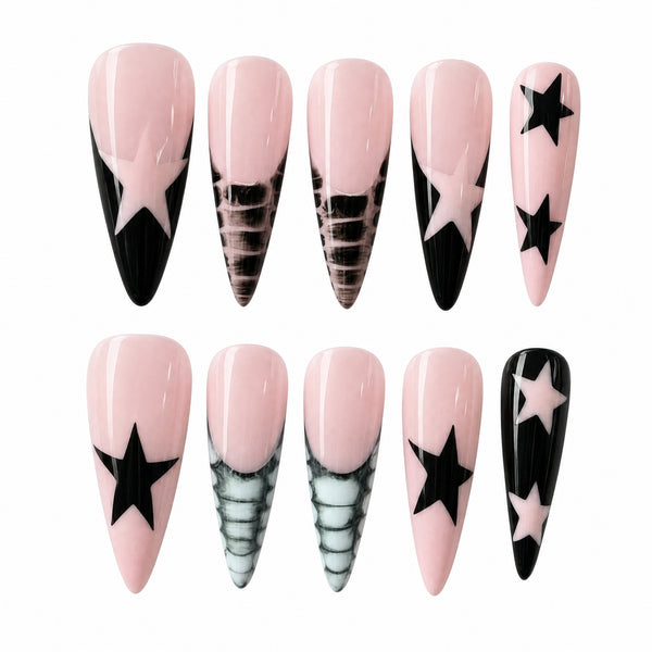 Pink & Black Star French Press-On Nails – Handmade 10-Piece Set