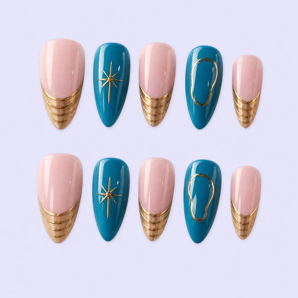 Teal Gilded Wave Blue Gold Abstract Press-On Nails