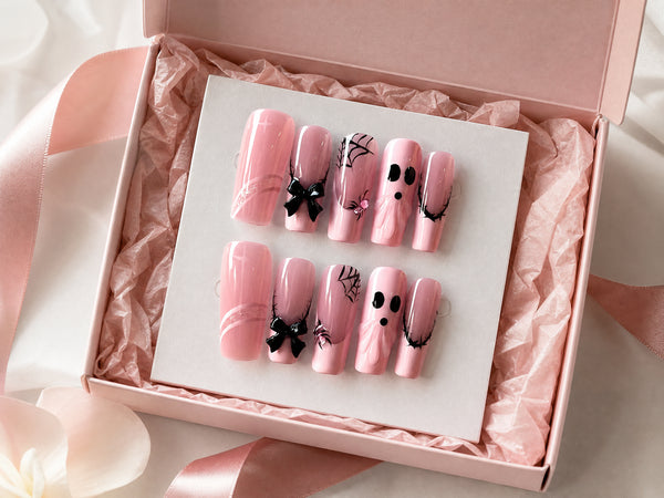 Blush Pink Press-On Nails with Black Bows & Silver Accents, 10pc