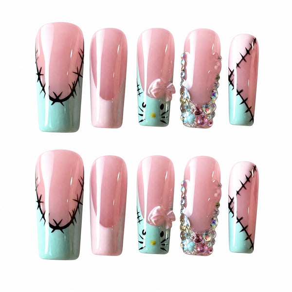 Mint Pearl French Press-On Nails – Green Beaded, Handmade 10pc Set