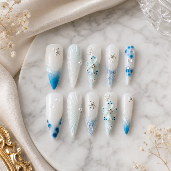 Frosted Blue Petals Icy Floral Press-On Nails - 10pc Handmade Set