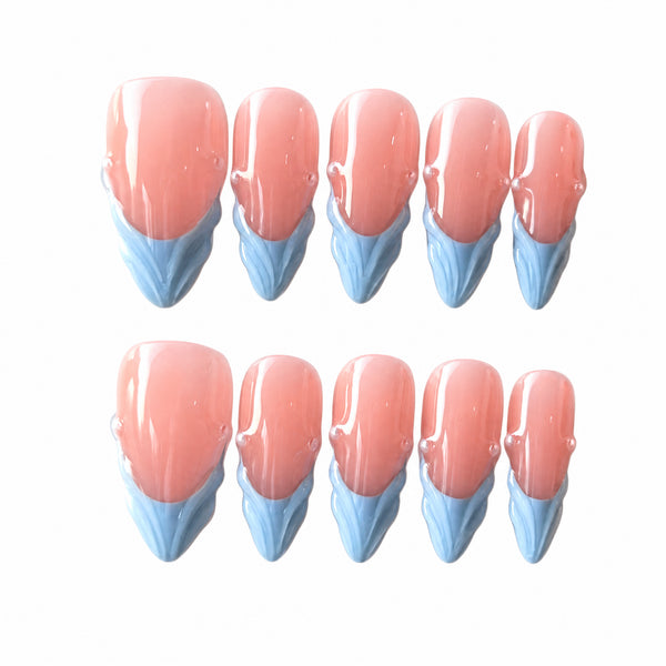 Sky Blue French Press-On Nails – Pink & White Handmade 10-Pc Set