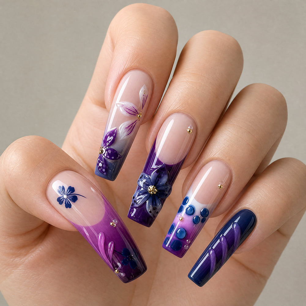 Violet Nocturne Purple Floral 3D Press-On Nails