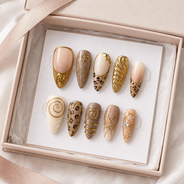 Champagne Brown Press-On Nails with Gold Swirls, Handmade 10pc