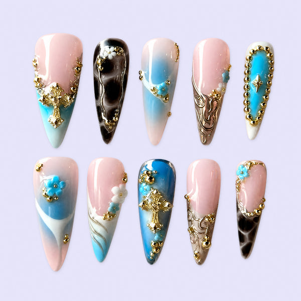 Turquoise Baroque Garden Blue Gold 3D Press-On Nails