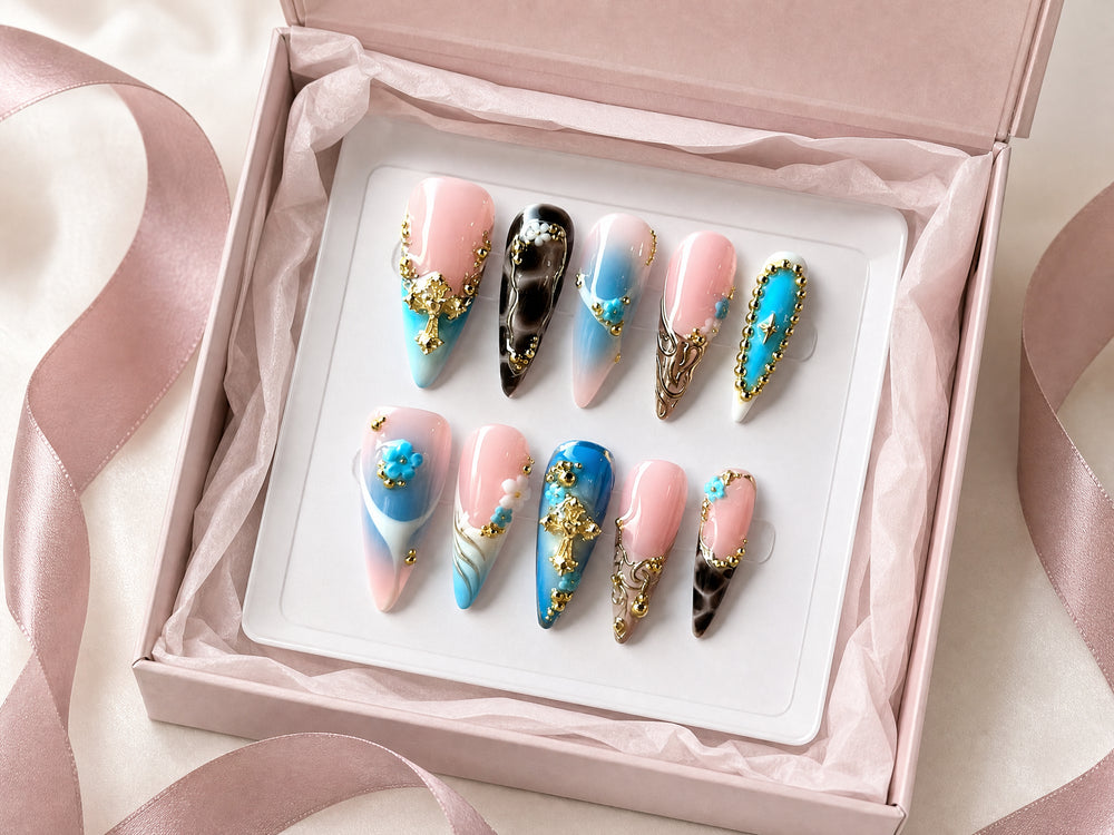 Turquoise Baroque Garden Blue Gold 3D Press-On Nails