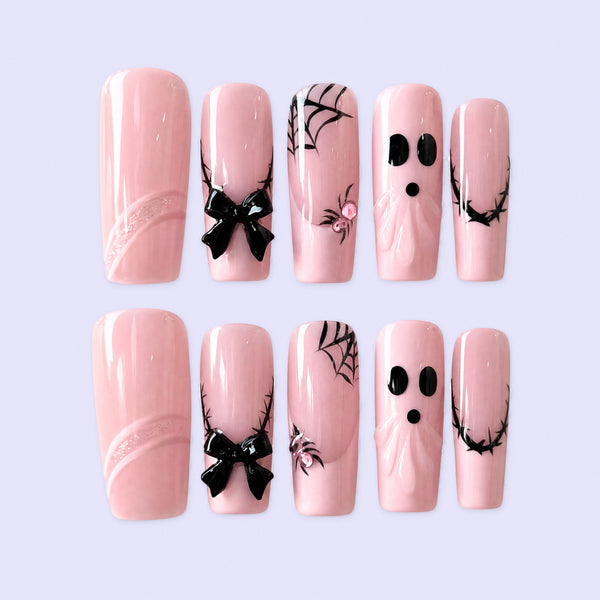 Blush Pink Press-On Nails with Black Bows & Silver Accents, 10pc