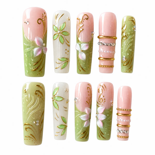 Sage Green Floral Pearl Press-On Nails – Handmade Botanical Set