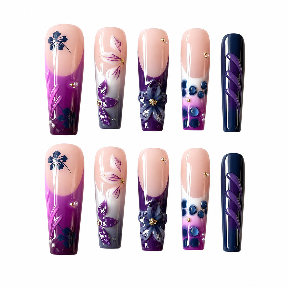 Violet Nocturne Purple Floral 3D Press-On Nails