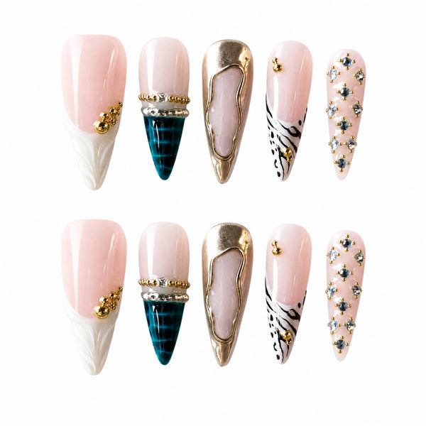 Black Metallic Press-On Nails – Silver Accent Handmade 10-Piece Set