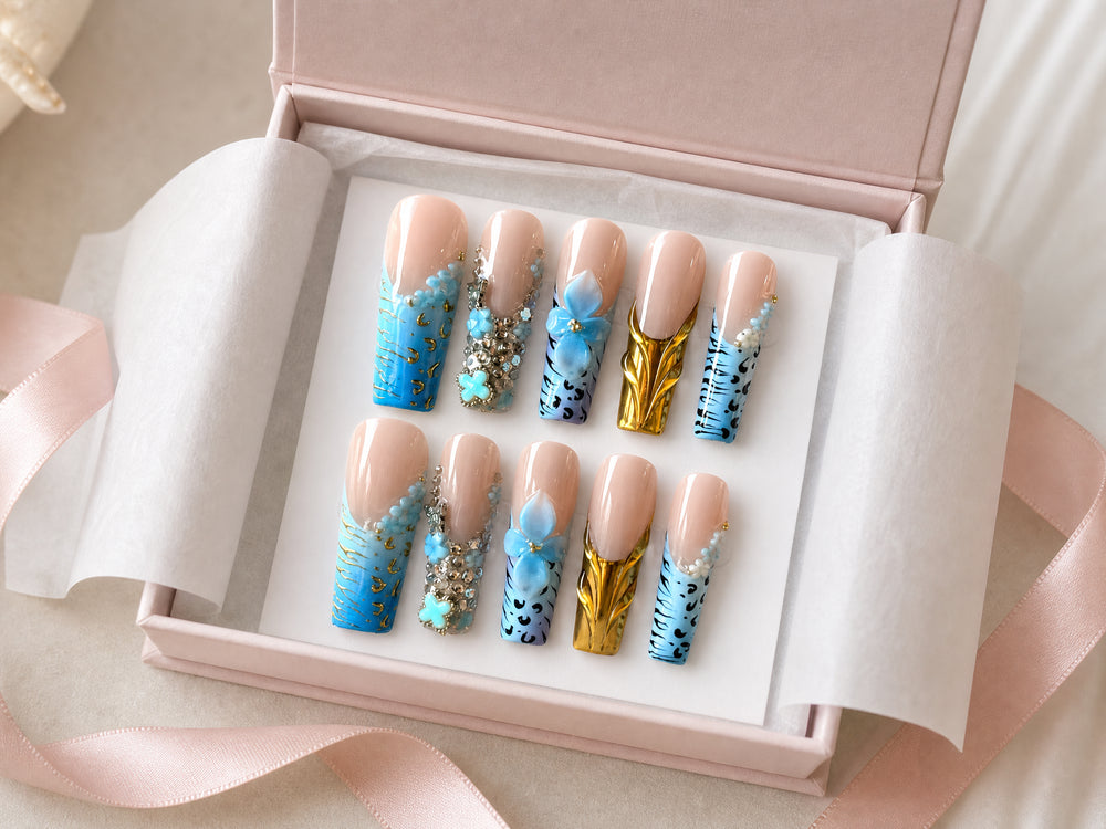 Aqua Gilded Lace Blue Gold Floral Press-On Nails – 10 Pc Set