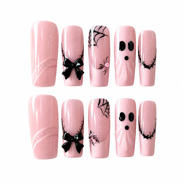 Blush Pink Press-On Nails with Black Bows & Silver Accents, 10pc