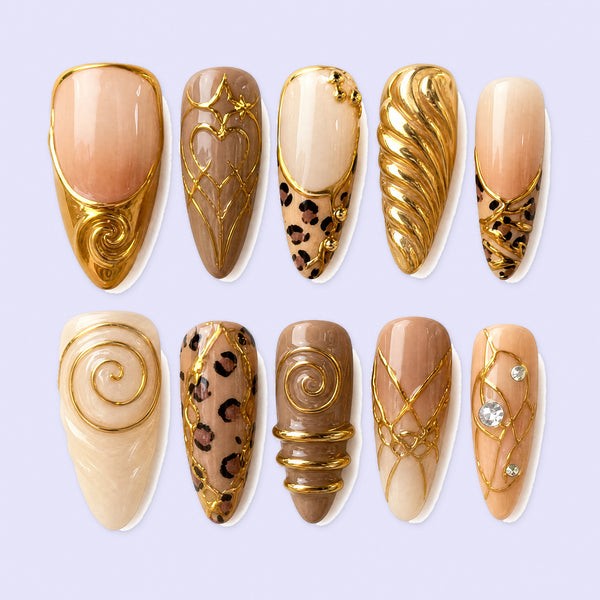 Champagne Brown Press-On Nails with Gold Swirls, Handmade 10pc