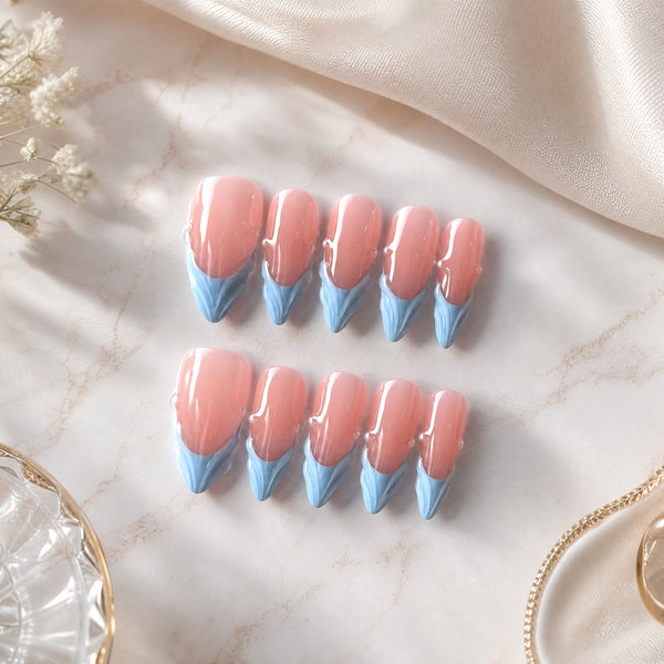Sky Blue French Press-On Nails – Pink & White Handmade 10-Pc Set