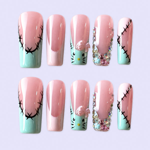 Mint Pearl French Press-On Nails – Green Beaded, Handmade 10pc Set