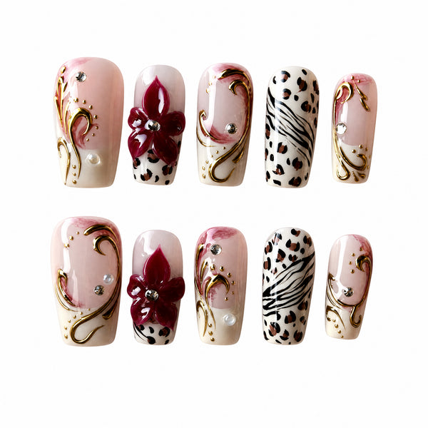 Burgundy Floral Pearl Press-On Nails - Handmade 10pc Set