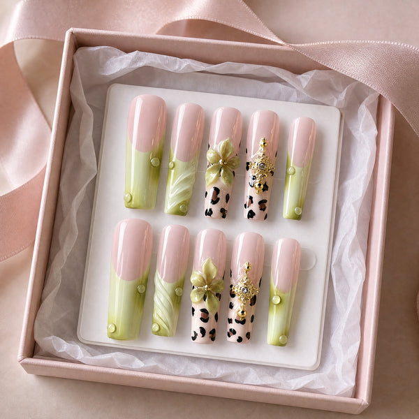 Citrus Safari Lime Leopard Floral Press-On Nails, 10-Piece Handmade Set