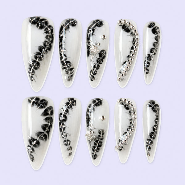 Silver Thorn Noir Black Crystal Vine Press-On Nails