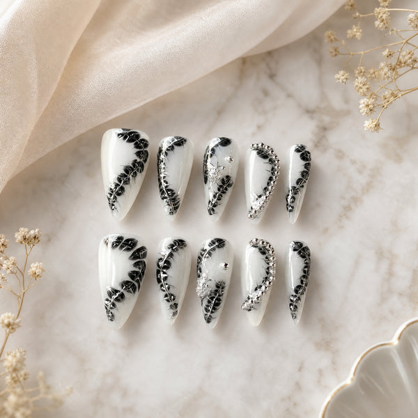 Silver Thorn Noir Black Crystal Vine Press-On Nails