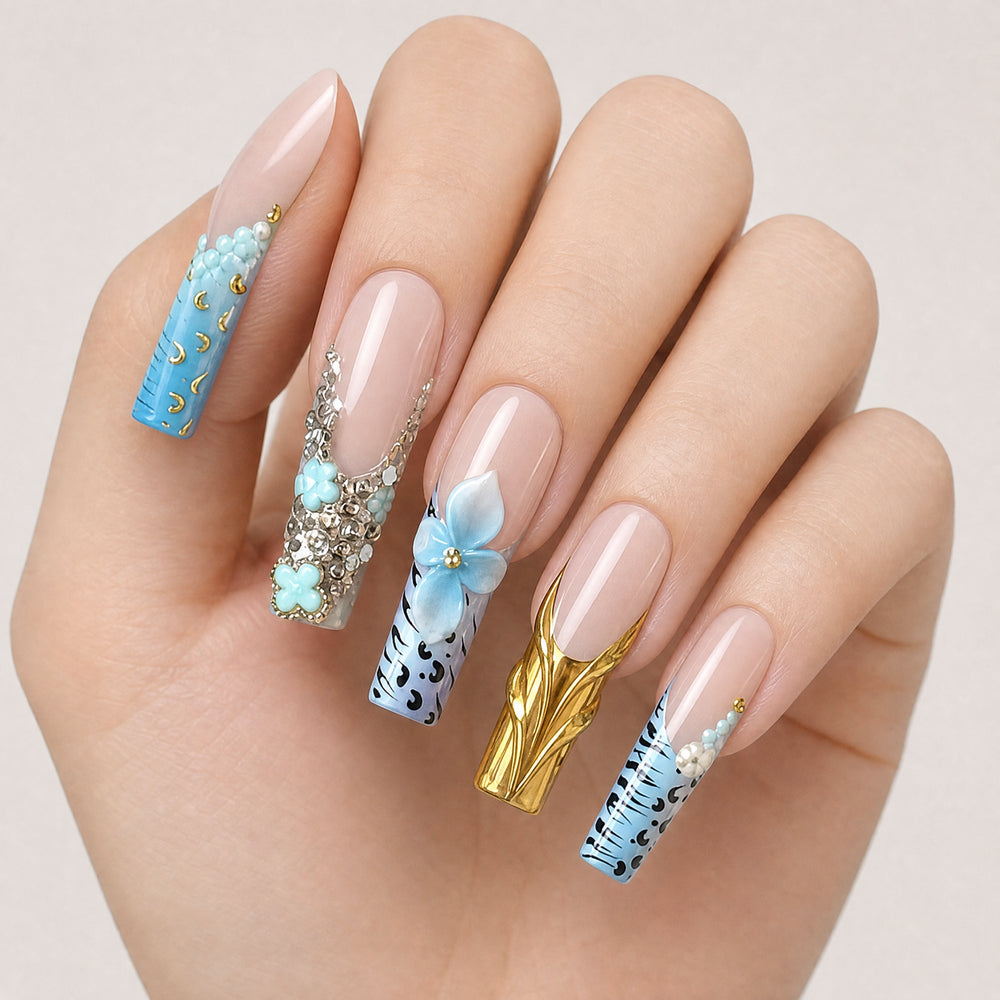Aqua Gilded Lace Blue Gold Floral Press-On Nails – 10 Pc Set