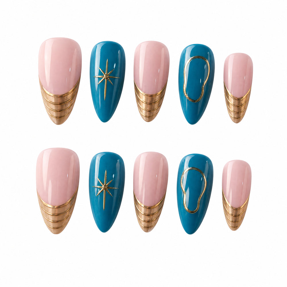 Teal Gilded Wave Blue Gold Abstract Press-On Nails