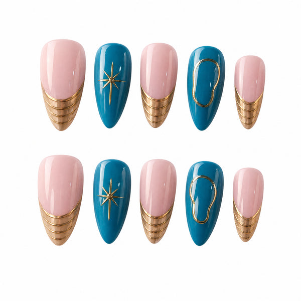 Teal Gilded Wave Blue Gold Abstract Press-On Nails