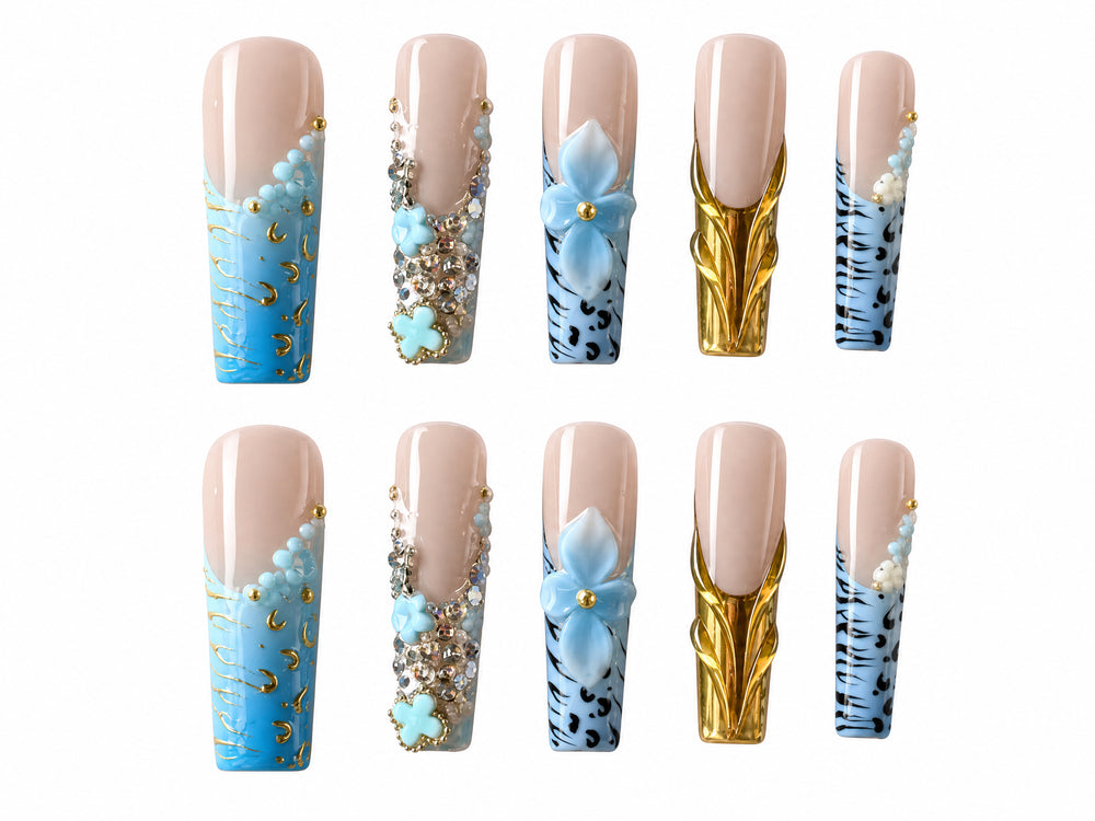 Aqua Gilded Lace Blue Gold Floral Press-On Nails – 10 Pc Set