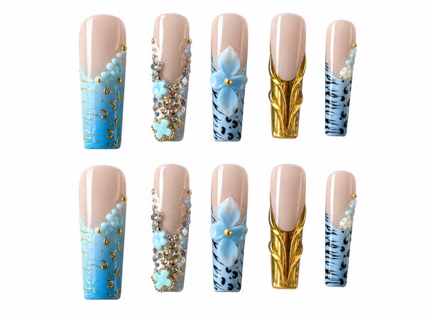 Aqua Gilded Lace Blue Gold Floral Press-On Nails – 10 Pc Set