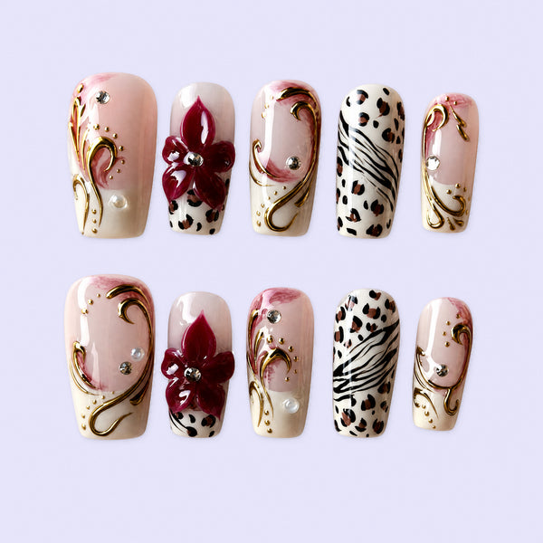 Burgundy Floral Pearl Press-On Nails - Handmade 10pc Set
