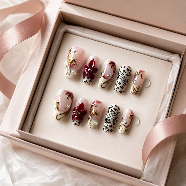 Burgundy Floral Pearl Press-On Nails - Handmade 10pc Set