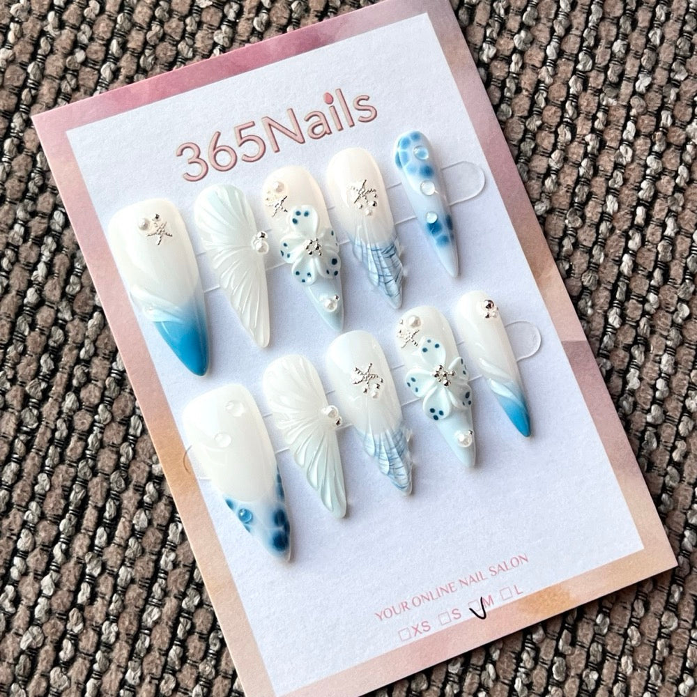 Frosted Blue Petals - Icy Floral Press-On Nails