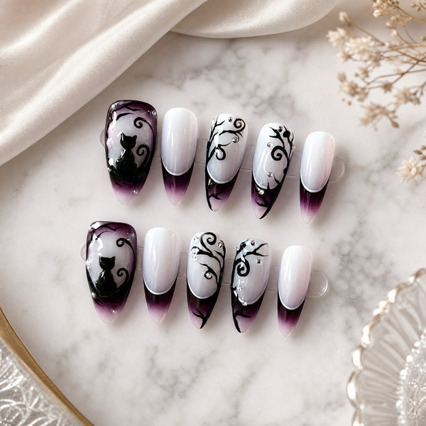 Black White Butterfly Press-On Nails – Lace Handmade 10pc Set