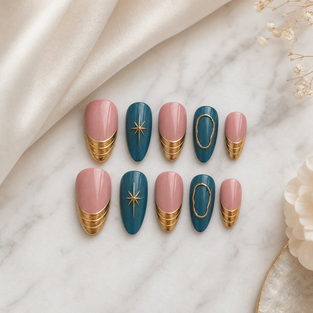Teal Gilded Wave Blue Gold Abstract Press-On Nails
