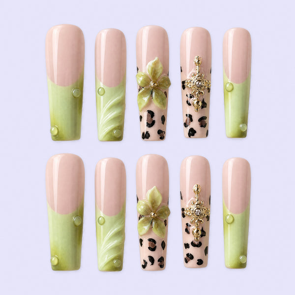 Citrus Safari Lime Leopard Floral Press-On Nails, 10-Piece Handmade Set