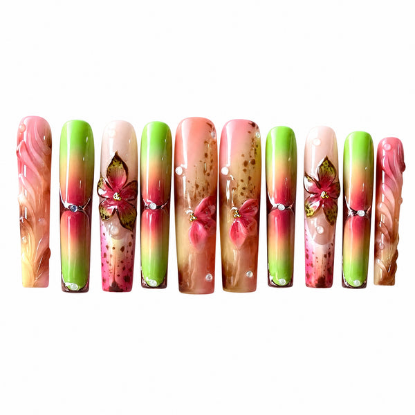 Neon Garden Pop Green Pink Floral Press-On Nails, Handmade 10pc Set