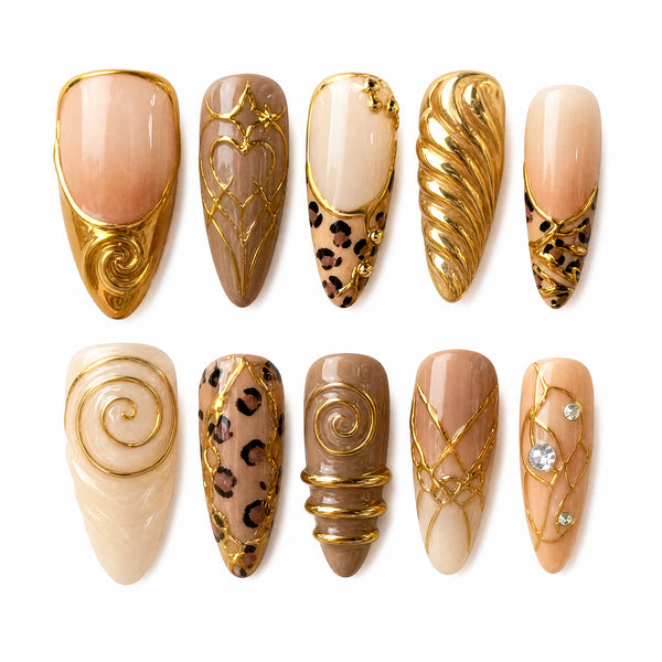 Champagne Brown Press-On Nails with Gold Swirls, Handmade 10pc
