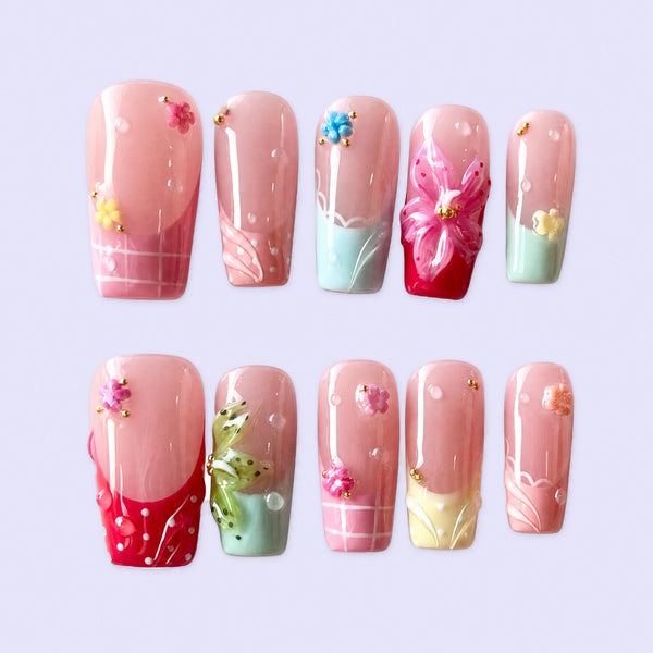 Coral Citrus Glow Pink Orange Floral Press-On Nails