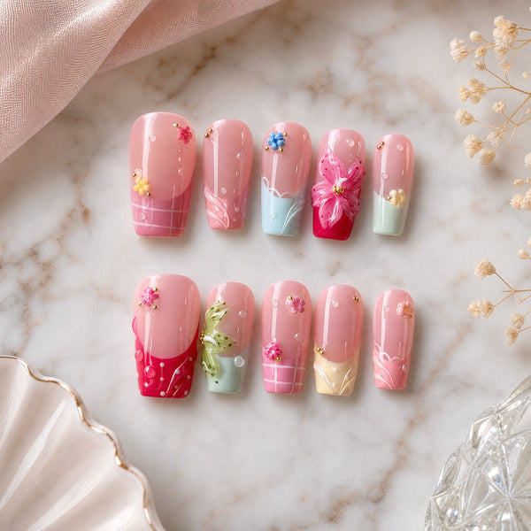 Coral Citrus Glow Pink Orange Floral Press-On Nails