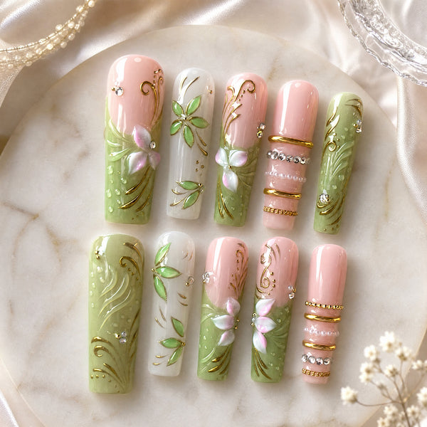 Sage Green Floral Pearl Press-On Nails – Handmade Botanical Set