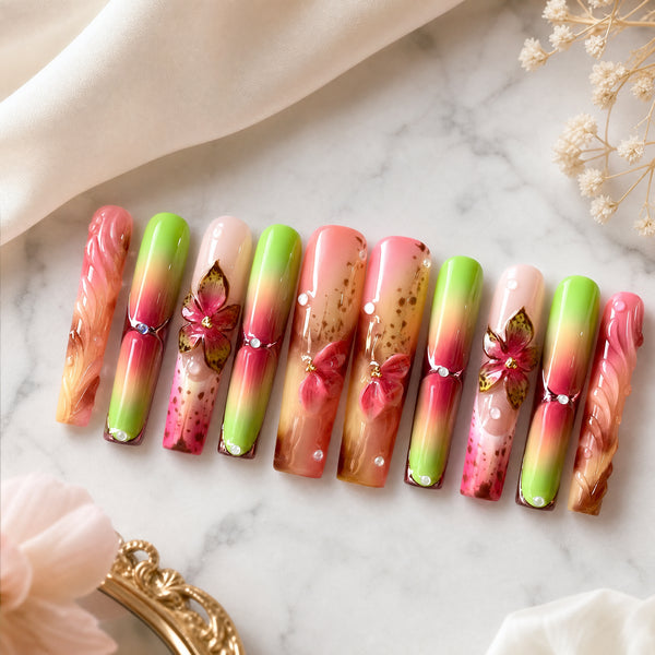 Neon Garden Pop Green Pink Floral Press-On Nails, Handmade 10pc Set
