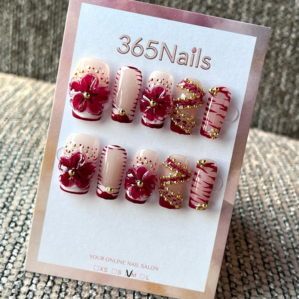 Ruby Tartan Bloom - Red Plaid Floral Press-On Nails