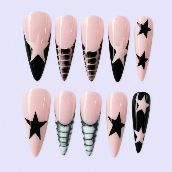 Pink & Black Star French Press-On Nails – Handmade 10-Piece Set